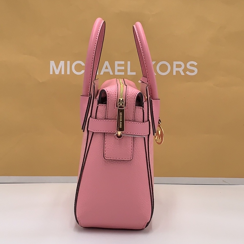 MICHAEL KORS Mercer Sm TZip Logo Leather Belted Satchel Crossbody Carnation - Picture 3 of 16